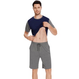 NACHILA Men's Pajamas-Viscose Made from Bamboo, Short Sleeve Summer Pjs Cooling Pajama Shorts Set Soft Sleepwear with Pockets Navy Blue XL