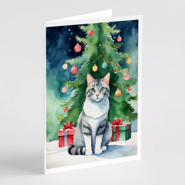 Aegean Cat By Christmas Tree Greeting Cards Envelopes Pack 8