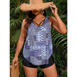 QINCS Traje de Baño para Mujer, Dos Piezas, Diseño Vintage, Estampado Retro (MX/US, Alfa, X-Grande, Estampado Retro Azul)