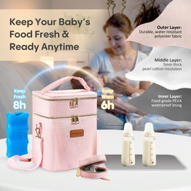 Breastmilk Cooler Bag with Ice Pack & Pacifier Case, Large Double Layer Insulated Baby Bottle Cooler Fits 6 Bottles, Breast Pump Storage Bag for Working Nursing Moms, Pink with Gift Box