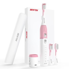 BESTEK Sonic Electric Toothbrush with IPX67 Waterproof, Powerful Cleaning Rechargeable Toothbrush with Multiple Modes & Smart Timer, 2 Replacement Brush Head & 1 Travel Case - Pink