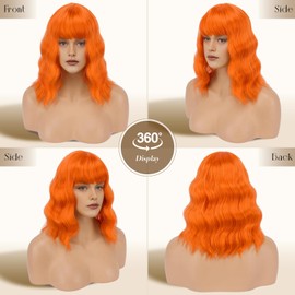FESHFEN Bob Wig with Bangs, Orange Shoulder Length Wavy Wig Synthetic Short Hair Wig for Women Party Daily Use, 14 inch