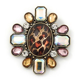 Vintage Inspired Oval AB Glass Stone & Animal Print Corsage Brooch in Antique Gold Tone - 65mm Length