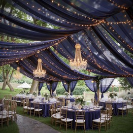6 Panels Navy Blue Ceiling Drapes with Lights for Weddings Ceiling Drapes 5ftx10ft Wedding Draping Fabric Sheer Curtains Tulle Drapery Wedding Decorations for Home Party Ceremony Stage Swag