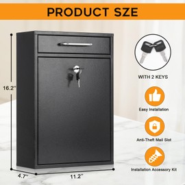 xydled Metal Mailbox Wall Mount, Large Locking Mailbox with Key Lock, Hanging Secure Postbox, Security Key Drop Box, Collection Boxes, Black, 17.6H x 12.2L x 5.7W Inches, XL Large