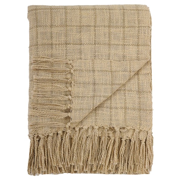 Woven Virtues Modern Check Hand Woven Throw Blanket, Organic Slub Cotton, Light and Soft, 49 x 59 inches (125 x 150 cm), Beige and Brown