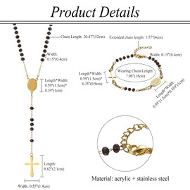 Flongo 2 Pieces Rosary Bracelet Necklace: Jewellery Set with Cross Pendant Catholic Virgin Mary Gold Black Rosary Stainless Steel Adjustable Bracelet Chain Religious Protection Virgin Mary, Stainless