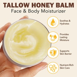 Beef Tallow for Skin, Tallow and Honey Balm (3.5 Oz), Tallow Face Moisturizer, Whipped Grass-Fed Beef Tallow for Face - Deeply Moisturizing for Face & Body, Unscented Fast Absorption
