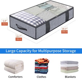 Onlyeasy Foldable Underbed Bags 2 Pack - Blankets Clothes Comforters Storage Bag Breathable Zippered Organizer for Bedroom with Clear Window and 4 Handles, 39.4x19.7x5.9 in, Linen-like Grey, MXDUBBP2