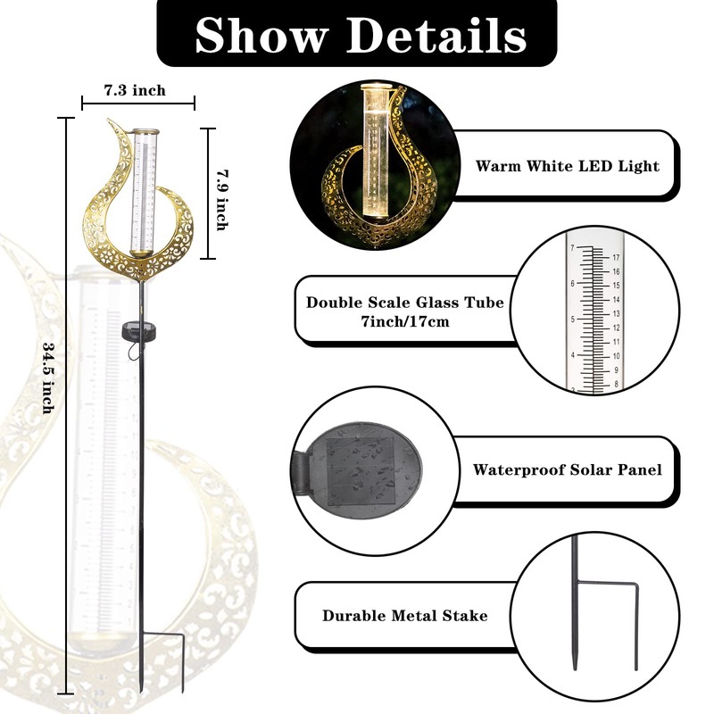 Venniy Rain Gauge Outdoor Decorative, Solar Garden Rain Gauge, 7"