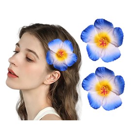 Koolgil Women's Hawaiian Flower Hair Clips Plumeria Hibiscus Hair Clips 3.5 Inch Artificial Flower Hair Barrettes Hair Accessories for Vacation Beach Party (Blue White)