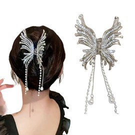 Rannyrena Gold Butterfly Hair Claw Clips Pearl Chain Tassel Rhinestone Butterfly Flower Hair Clips Tassel Nonslip Clamps Hair Accessories for Women (Silver Butterfly Pearl Chain Tassel)