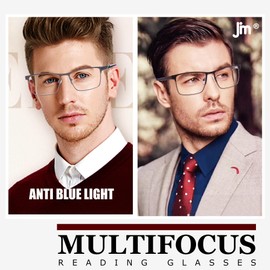 JM Progressive Multifocus Reading Glasses Men, Blue Light Blocking Readers No Line Metal Eyeglasses with Spring Hinge 2 Pack +2.0