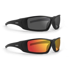 Epoch Eyewear Liberator Sport Motorcycle Sunglasses 2 Pair Black Frame w/Red Mirror & Smoke Lens