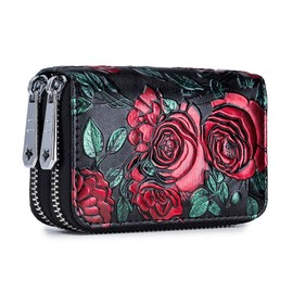 Women's Leather Double Zip Multiple Compartments Coin Bag Purse with RFID Protection Large Capacity Genuine Leather Purse Clutch Purse Coin Bag Flowers Colourful