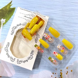 24Pcs Flower Press on Nails Medium Ballet Shaped Colorful Floral Pattern Design Yellow Acrylic Fake Nail Full Cover Glossy Spring Artificial Fingernails Press Ons Blossom Stick on Nails for Wommen