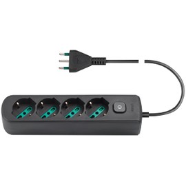 Vimar SICURY Universal Italian Standard 16 A Power Strip with Switch and 1.5 m Cable, 4 Outputs, Black