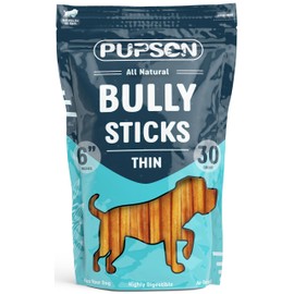 PUPSON 6" Bully Sticks for Dogs, 100% Natural Beef Pizzle Chews, Grass-Fed, Non-GMO, Grain-Free, Long-Lasting Dog Treats for Small & Medium Dogs, Thin, 30 Pack