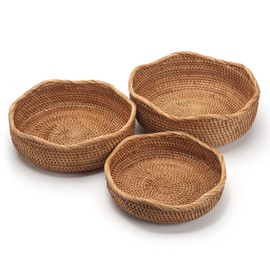 Rattan Bread Baskets Round Woven Fruit Bowls Key Holders Stackable for Storage, Snack, Fruit, Vegetable Natural Set of 3