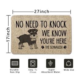 QIONG MENG Dog Door Mat Schnauzer Welcome Doormats No Need to Knock We Know You're Here Entrance Rug Farmhouse Home Kitchen Floor Front Door Mat 17 x 27 Inch for Outdoor Indoor