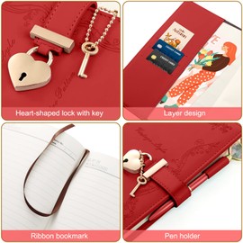 Mousbull Lock Diary with Key and Pen for Girls, 192 Pages Vintage Leather Heart Shaped Journal Notebook with Lock and Diamond Pen, A5 Cute Locked Secret Diaries for Women (Red)