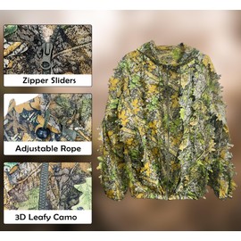 Socpuro Ghillie Suits 3D Leafy Camo Hunting Suits, Camouflage Ghillie Suit with Full Face Mask Gloves Set, Lightweight Breathable Camo Clothing Suit for Hunting Photography (Height 4.9-5.9Ft)