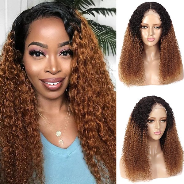 ALISFEEL 13x4 Lace Frontal Human Hair Wigs Pre Plucked Lace Front Wigs For Women Black And Brown Ombre Kinkly Curly Human Hair Wig Colored Brazilian Hair Wigs (1B/30, 22")