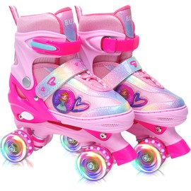 Roller Skates for Girls, Beginners, Kids - HAPHOM Rainbow Roller Skates for Toddler Little Girls, 4 Size Adjustable Pink Quad Skates with Light Up Wheels, Birthday Gifts for Girl Indoor Outdoor Sports