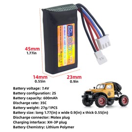 sea jump 2PC 7.4V 600mAh 35C 2S Lipo Battery with Molex Plug and 1trailer2 Charger Suitable for FMS FCX24 RC Cars, Trucks, Remote Control Electric Climbing Vehicles FCX24 Batteries