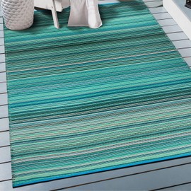 Rugshop Contemporary Stripe Reversible Crease-Free Waterproof Premium Recycled Plastic Outdoor Rugs for Patio,Backyard,RV,Deck,Picnic,Trailer,Beach,Camping Blue 5' x 7'