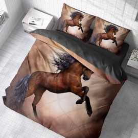 3D Bed Linen Brown Horse Duvet Cover Set, 135 x 200 cm + Pillowcase 80 x 80 cm, Horses, Reversible Bed Linen, 2 Pieces, Brown, Grey with Zip Closure