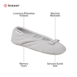 Isotoner Women's Microterry Gemma Ballerina Slippers with Memory Foam Comfort and Suede Sole, Light Grey Diamond, 6.5-7. 5