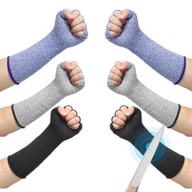 PATIKIL 12 Inch Cut Resistant Sleeves with Finger Grips, 3 Pair Forearm Protective Sleeves Level 5 Protection Arm Safety Protectors Sleeves for Thin Skin and Bruising, Black/Gray/Blue