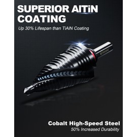 EZARC Step Drill Bit for Metal, M35 Cobalt Step Drill Spiral Flute Unibit Step Drill Bit (1/4"- 1-3/8") Wear-Resistant AlTiN Coated, 3/8" Shank for Metal, Stainless Steel, Aluminum, Plastic