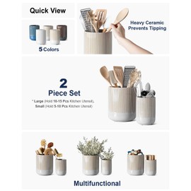 LE TAUCI Utensil Holder, 7.3"+5.4" Ceramic Kitchen Utensil Holder for Countertop, Large Cooking Utensil Crocks for Kitchen Counter, Morden Utensil Organizer for Spatula, Set of 2, Glaze Marble Gray
