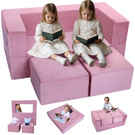 MeMoreCool Modular Kids Play Couch Sofa – Pink Convertible Toddler Couch, Fold-Out Plush Foam Chair for Children’s Playroom