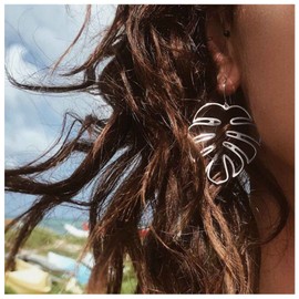 Jugielu Boho Palm Leaf Earrings Silver Monstera Leaf Dangle Hook Earrings Hollow Leaf Drop Earrings Metal Palm Earrings Tropical Plant Earrings Jewelry for Women