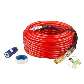 SANFU Air Compressor Hose 1/4 Inch x 100 Feet Flexible Reinforced Smooth Polyurethane(PU) Air Hose 300PSI, Non-Kinking Design, 1/4" 360 Swivel Brass Coupler and Plug,1PCS Safety Coupler, Red