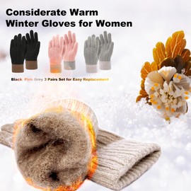 lifwimner 3 Pcs Winter Gloves for Women, Thermal Knitted Fleece Gloves, Ladies Soft Touchscreen Gloves for Outdoors Walking Texting (Black+Pink+Grey)