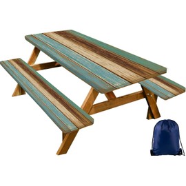 CAPSCEOLL Picnic Table Cover with Bench Covers Waterproof Camping Tablecloth All-Weather Outdoor Table Protector with Drawstring Bag for Camping Essentials, 72X30in, Blue Brown Wood