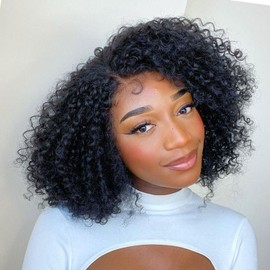 Romface Echthaar Perücke Schwarz Curly Half Wig Human Hair Kinky Curly 16 Inch Real Hair Wigs For Black Women,180 Dichte Perücken Echthaar Damen No Glue Natural Black