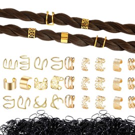 32 Pcs Hair Braids Dreadlock Non-Piercing Ear Clip Beard Beads Cuffs Clip Hair Charms, 50pcs Disposable Rubber Band (Gold)
