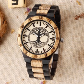 Dentily Men's Wood Watch Engraved Tree of Life Pattern Quartz Watch for Men Hand-Made Wooden Watches