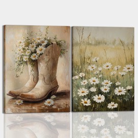 Framed 2pcs Vintage Cowboy Boots Daisy Canvas Wall Decors Wildflowers Landscape Country Farmhouse Canvas Print Botanical Floral for Bedroom Living Room Apartment Dorm Girls Room Pictures 16x24 Inch