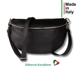 MIRROSI® Women's Bum Bag, Genuine Leather, Made in Italy, Shoulder Bag, Chest Bag, Crossbody Bag (1 Bag & 2 Straps), Black (bohemian black beige), Bohemian