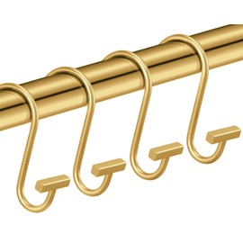 Gold Shower Curtain Hooks, Modern Decorative Shower Curtain Rings for Bathroom, CHICTIE Brass Metal Rustproof Shower Hooks Hangers for Shower Curtain Rod, Square T Bar Shape Set of 12