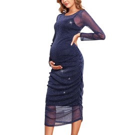 CYCLAMEN 2024 Maternity Mesh Dress Ruched Side Round Neck Pregnancy Dresses Baby Shower Wedding Guest Cocktail Party, Sparkly Navy Blue, L