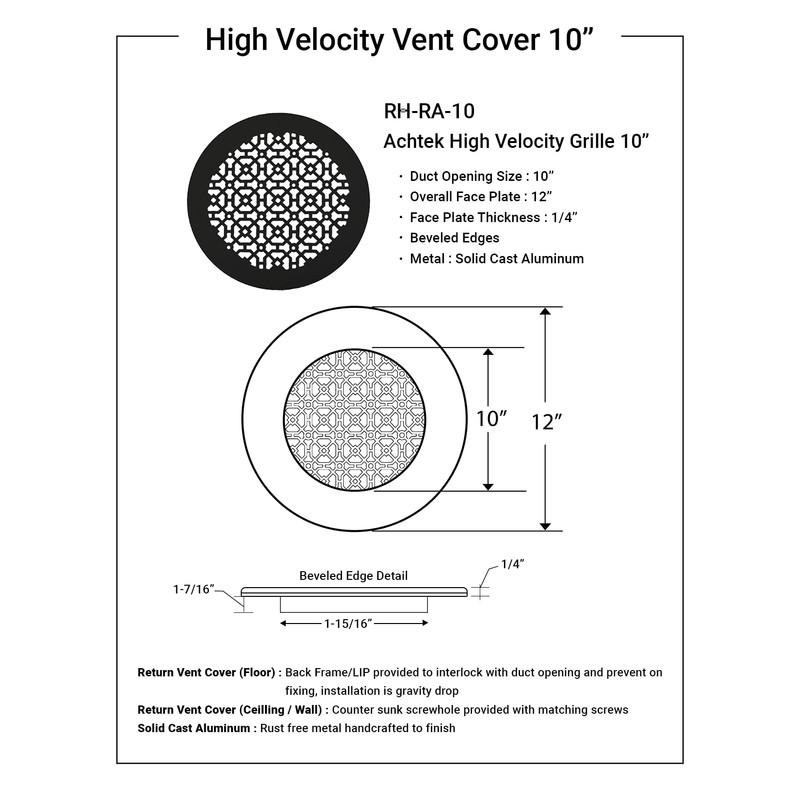 Achtek 10" Duct (12" Round Overall Size) Solid Cast Aluminum