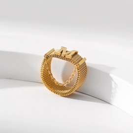 Yumikoo Golden Hip Hop Chain Rings Titanium Stainless Steel Rings for Women Size7