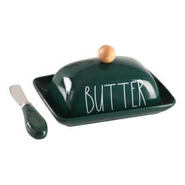 Small Butter Keeper Container with Raised Edge, Porcelain Butter Dish,Butter Keeper,Butter Holder for Countertop, Green